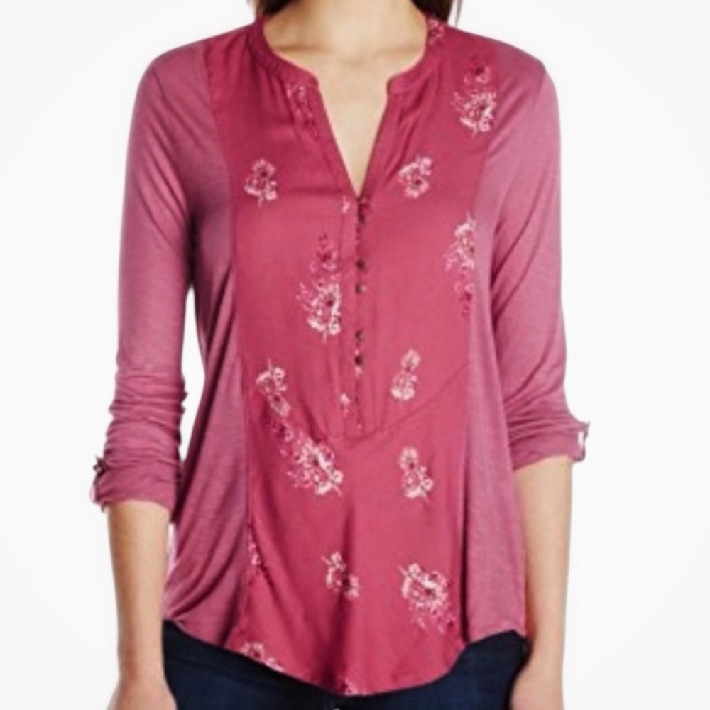 Lucky Brand Large Pink Floral Front Slub Knit Henley Top